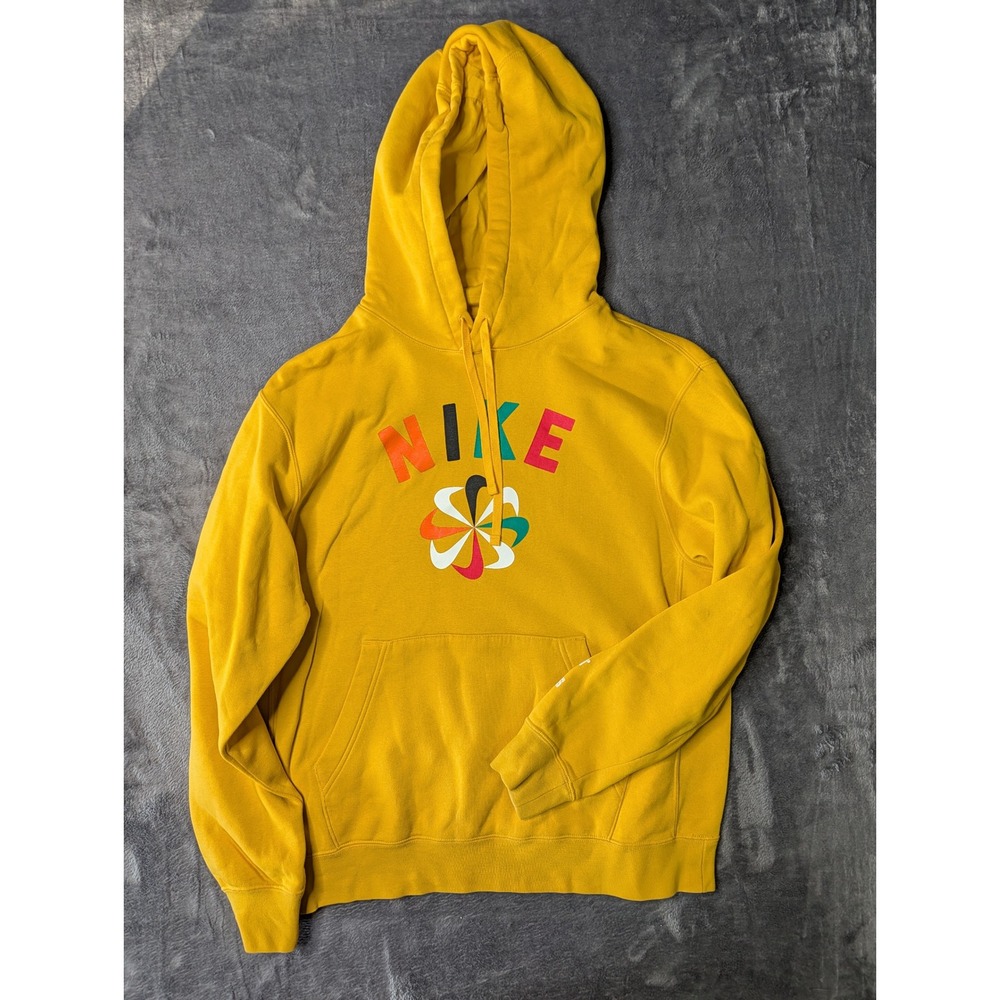 Nike Mens Pinwheel Logo Graphic Hoodie Yellow Multi Color Spellout Medium